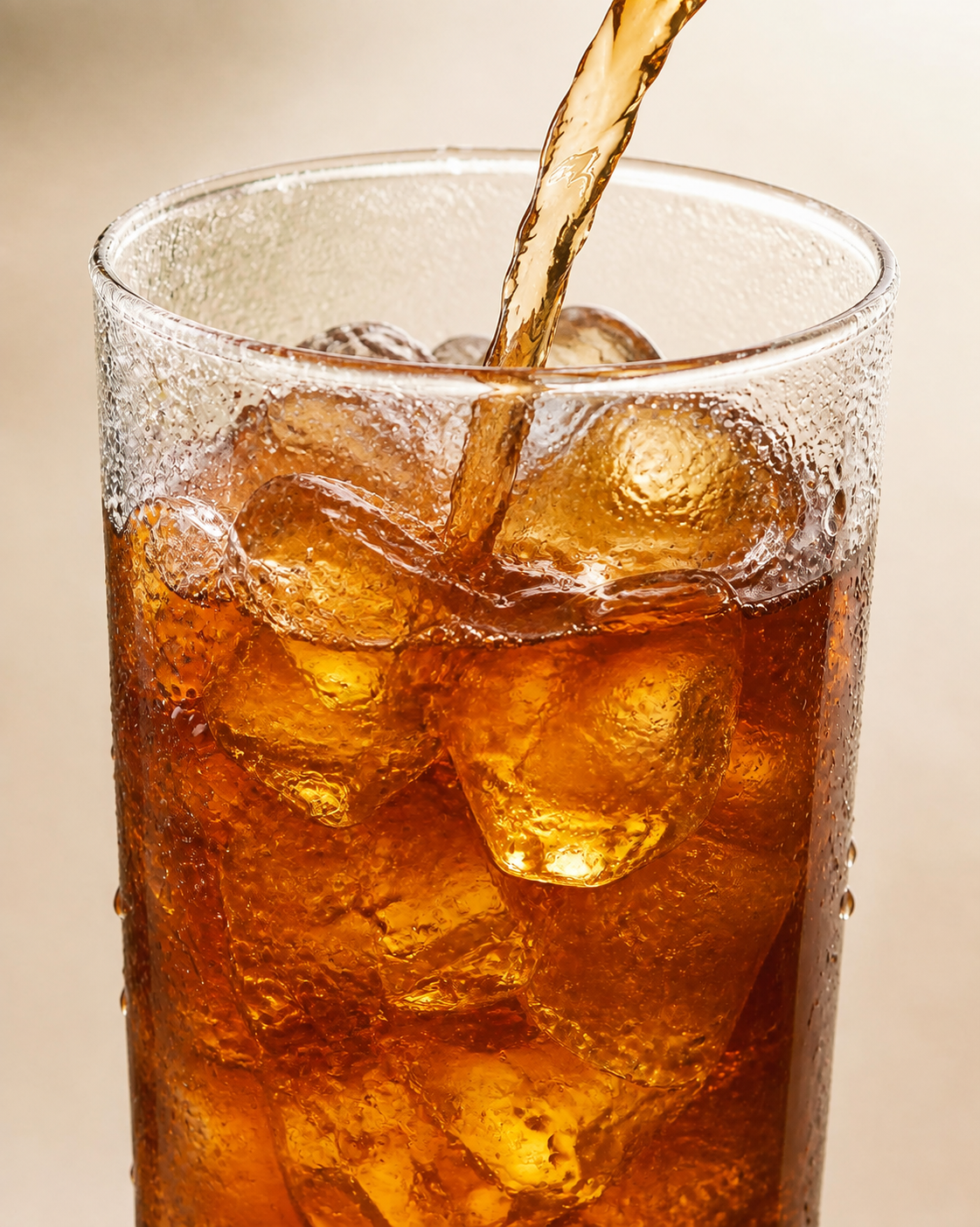 Amber AYÓ tea pouring over ice into a tall glass
