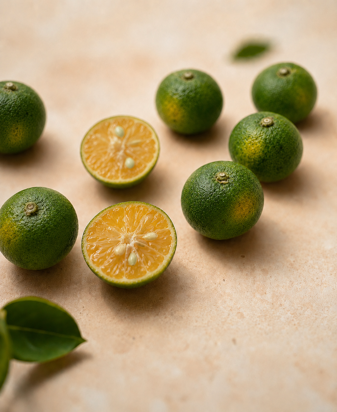 Calamansi citrus fruits, one halved, on a cream surface